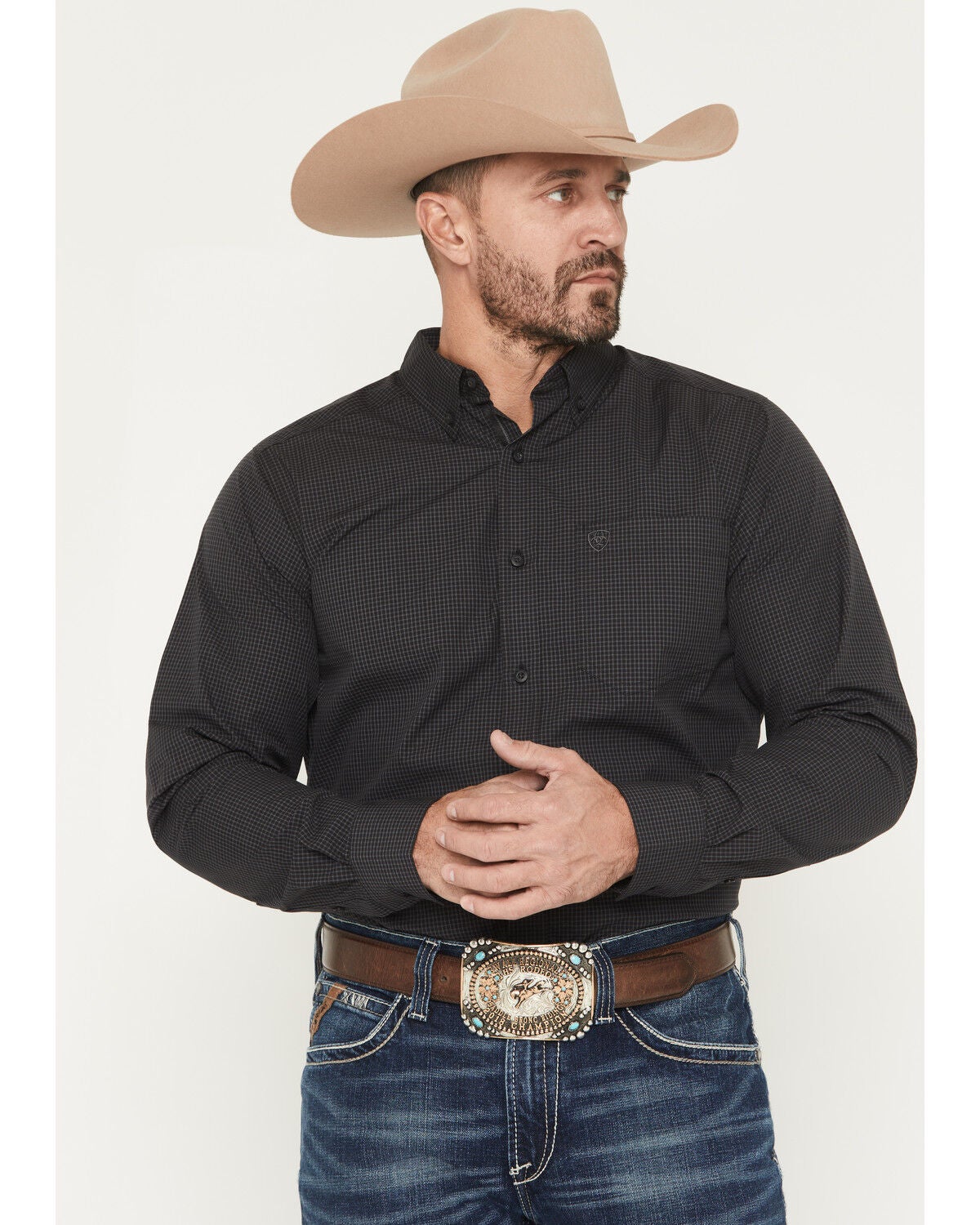 Ariat Men's Pro Series Thorn Checkered Print Fitted Long Sleeve Button-Down Western Shirt, Black, hi-res