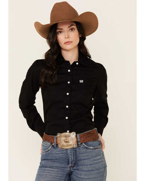 Cinch Women's Weave Pocket Long Sleeve Button Down Western Shirt, Black, hi-res