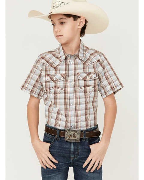 Cody James Boys' Plaid Print Short Sleeve Snap Western Shirt, Brown/blue, hi-res