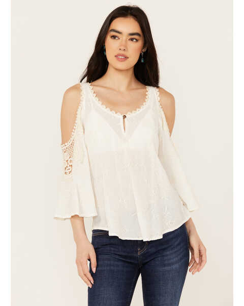 Image #1 - Wild Moss Women's Embroidered Cold Shoulder Top , Ivory, hi-res