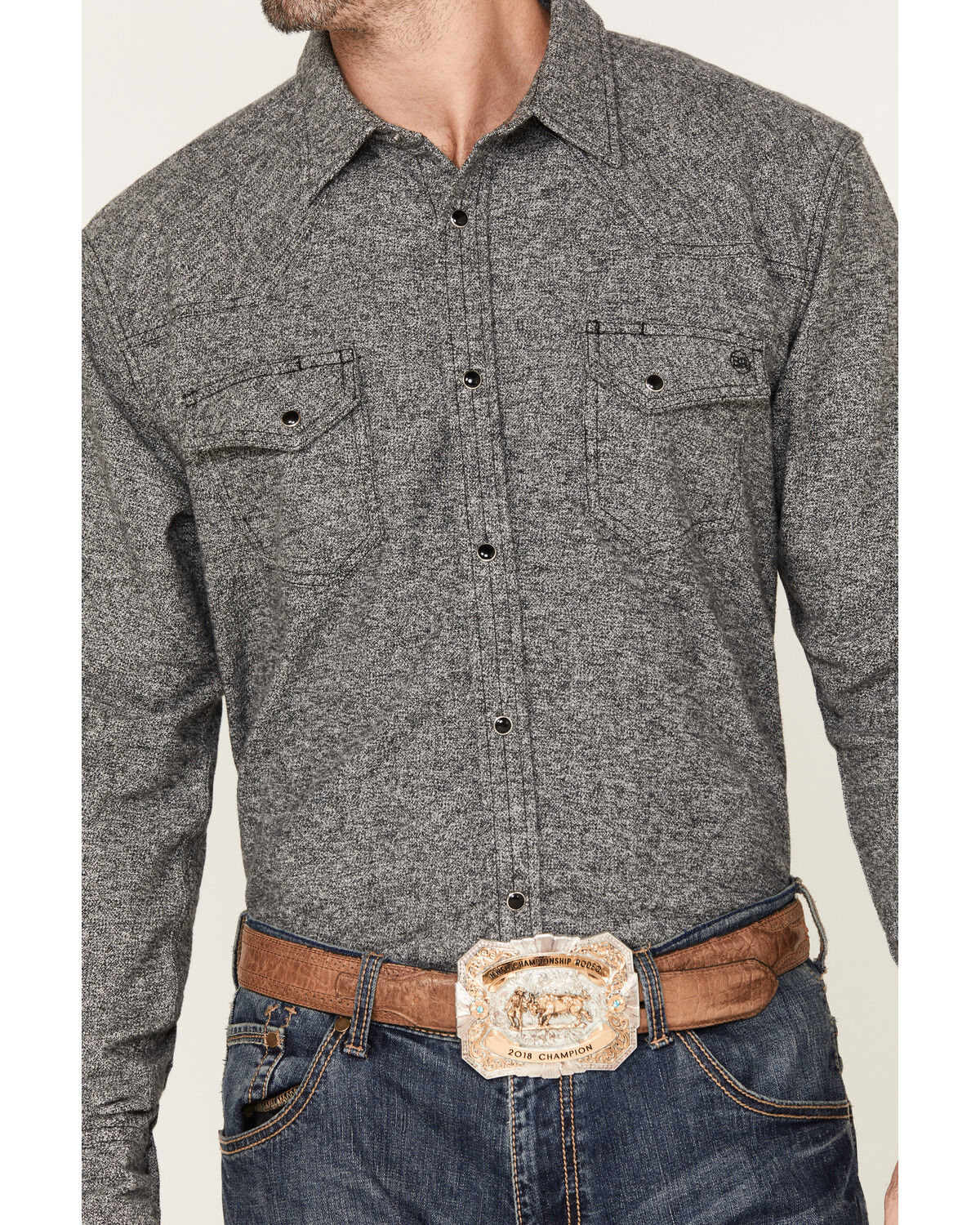 Image #3 - Blue Ranchwear Men's Jasper Heather Long Sleeve Snap Flannel Shirt, Black, hi-res
