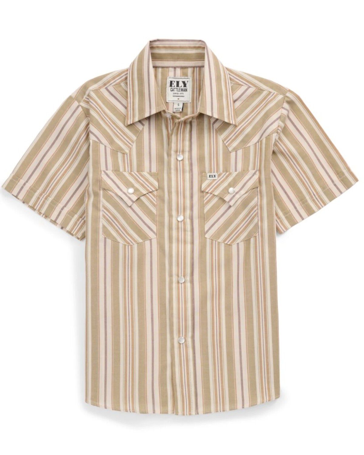 Image #1 - Ely Walker Boys' Striped Short Sleeve Pearl Snap Western Shirt, Olive, hi-res