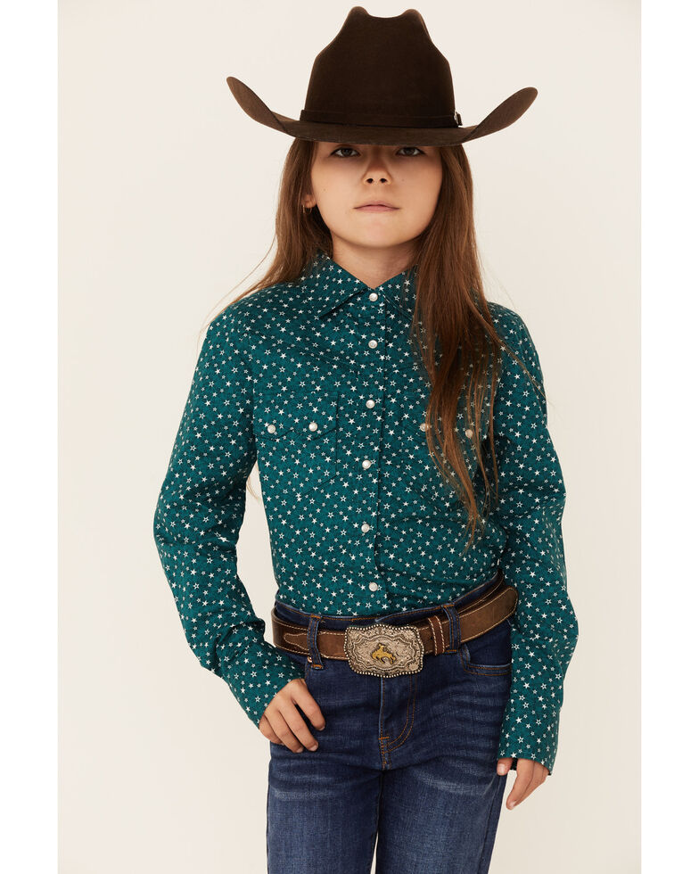 Shyanne Girls' Star Print Long Sleeve Western Shirt, Green, hi-res