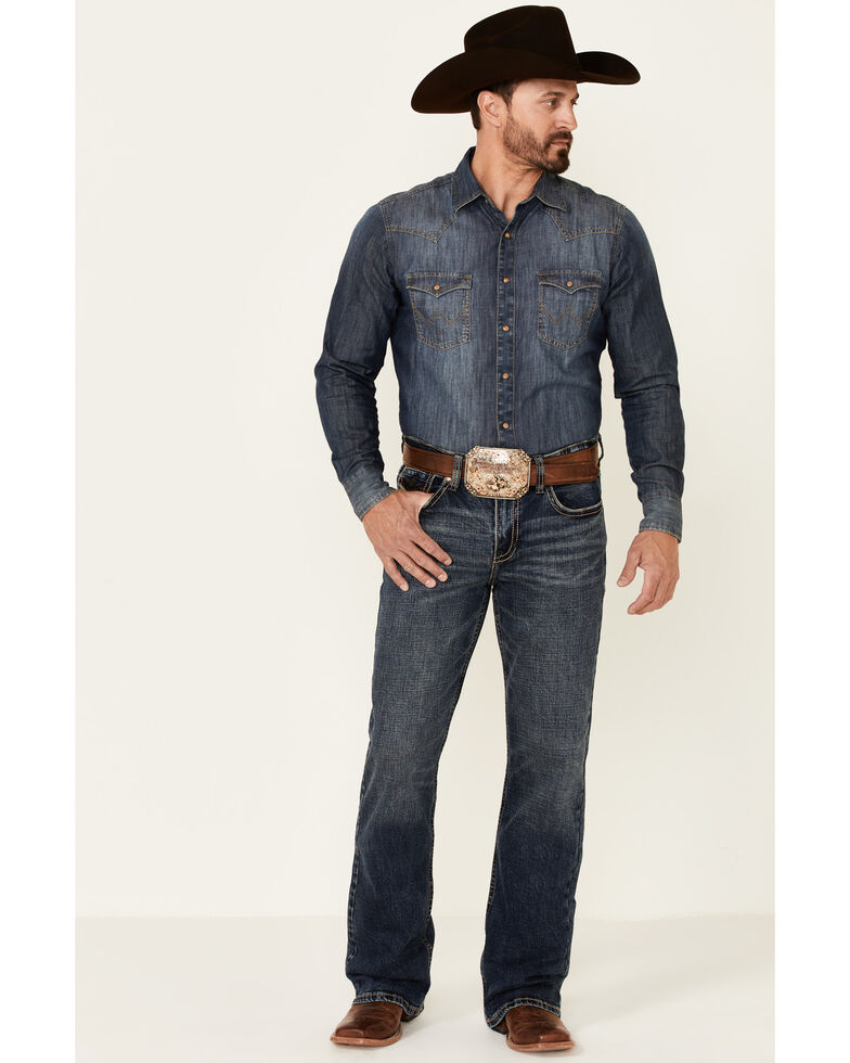 Cody James Core Men's Curly Wolf Dark Stretch Relaxed Bootcut Jeans , Blue, hi-res