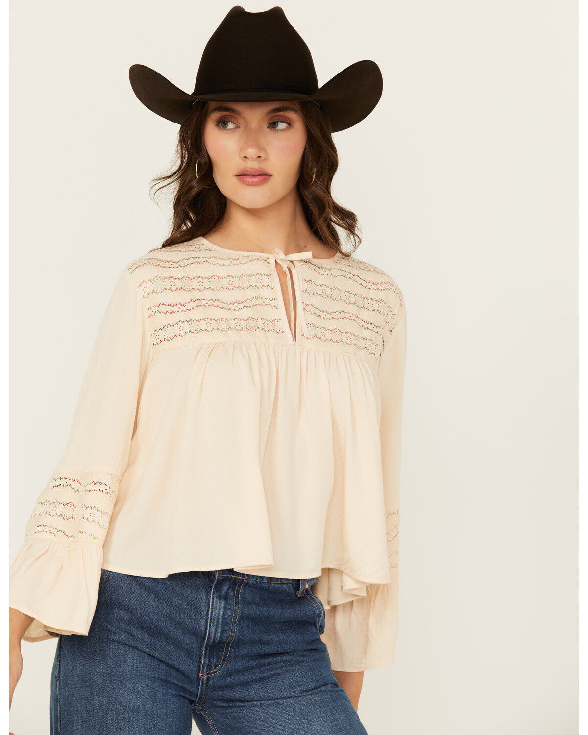 Image #1 - Cleo + Wolf Women's Lace Front Long Sleeve Peasant Top, Oatmeal, hi-res