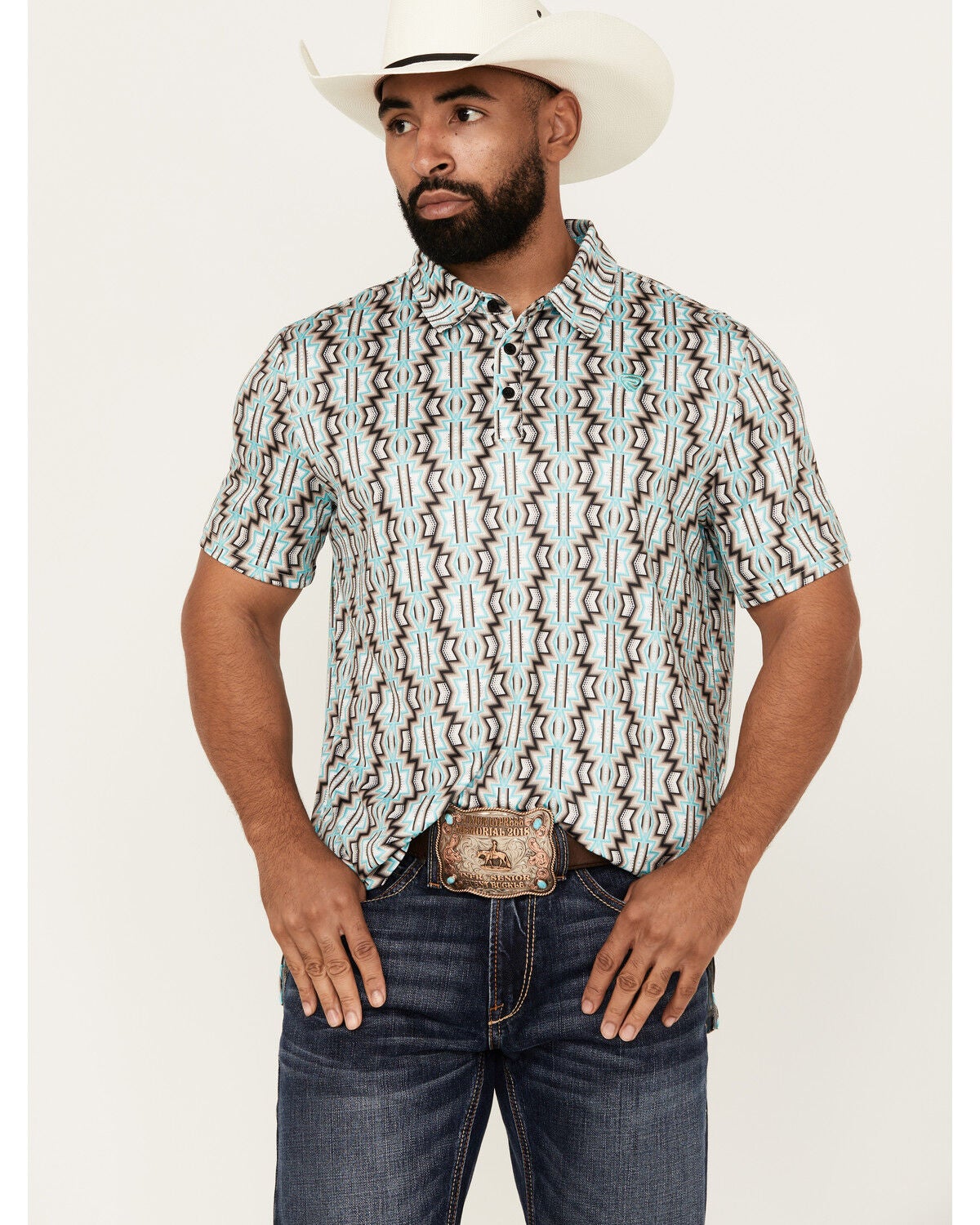 Rock & Roll Denim Men's Southwestern Print Short Sleeve Polo Shirt, Natural, hi-res