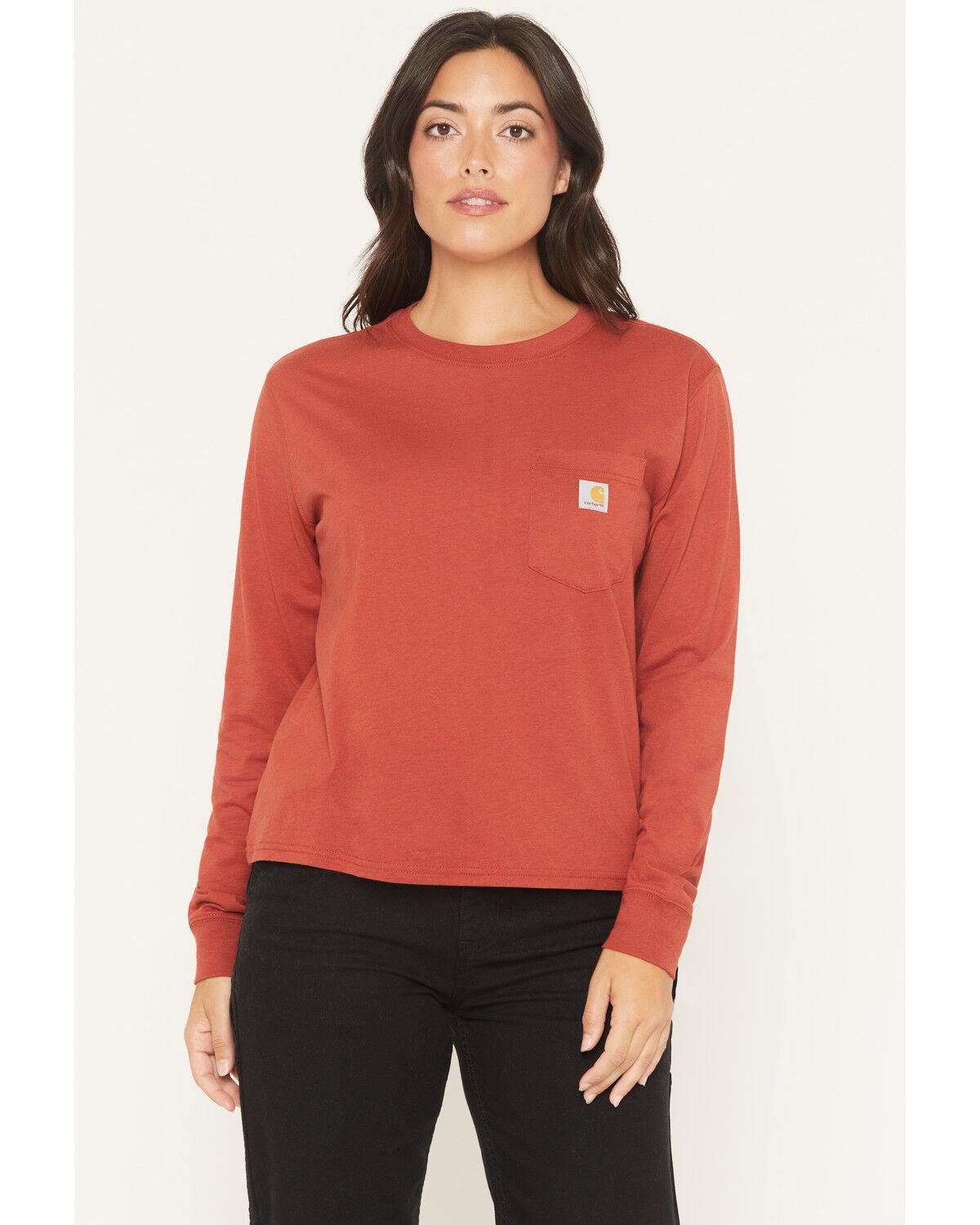 Image #1 - Carhartt Women's TENCEL&trade; Fiber Series Loose Fit Long Sleeve Crewneck Pocket T-Shirt, Red, hi-res