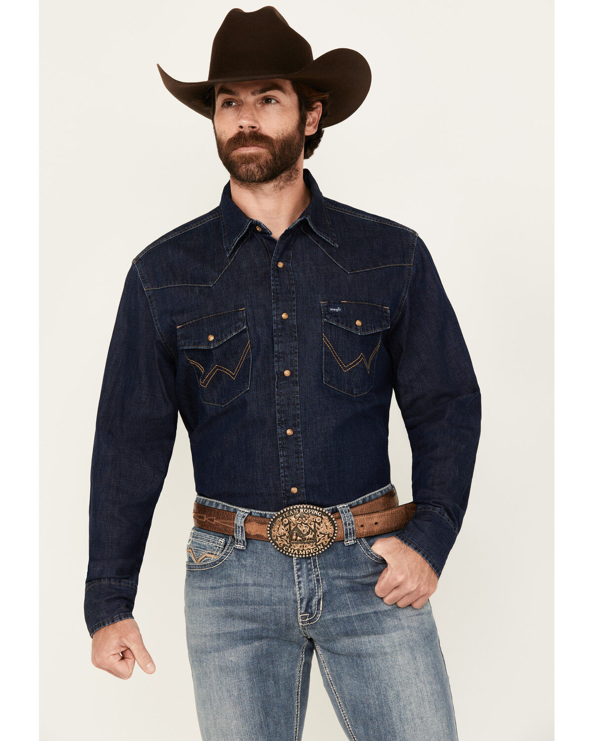 Image #1 - Wrangler Men's Medium Wash Denim Long Sleeve Snap Western Shirt, Medium Wash, hi-res