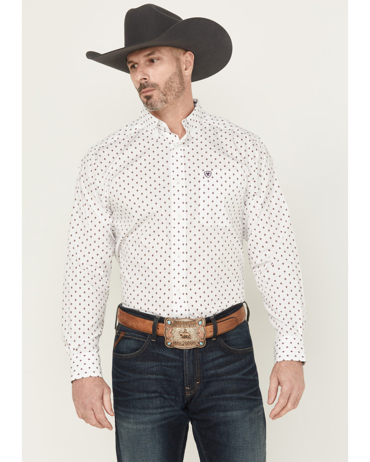 Image #1 - Ariat Men's Ross Wrinkle Free Geo Print Long Sleeve Button-Down Western Shirt, White, hi-res