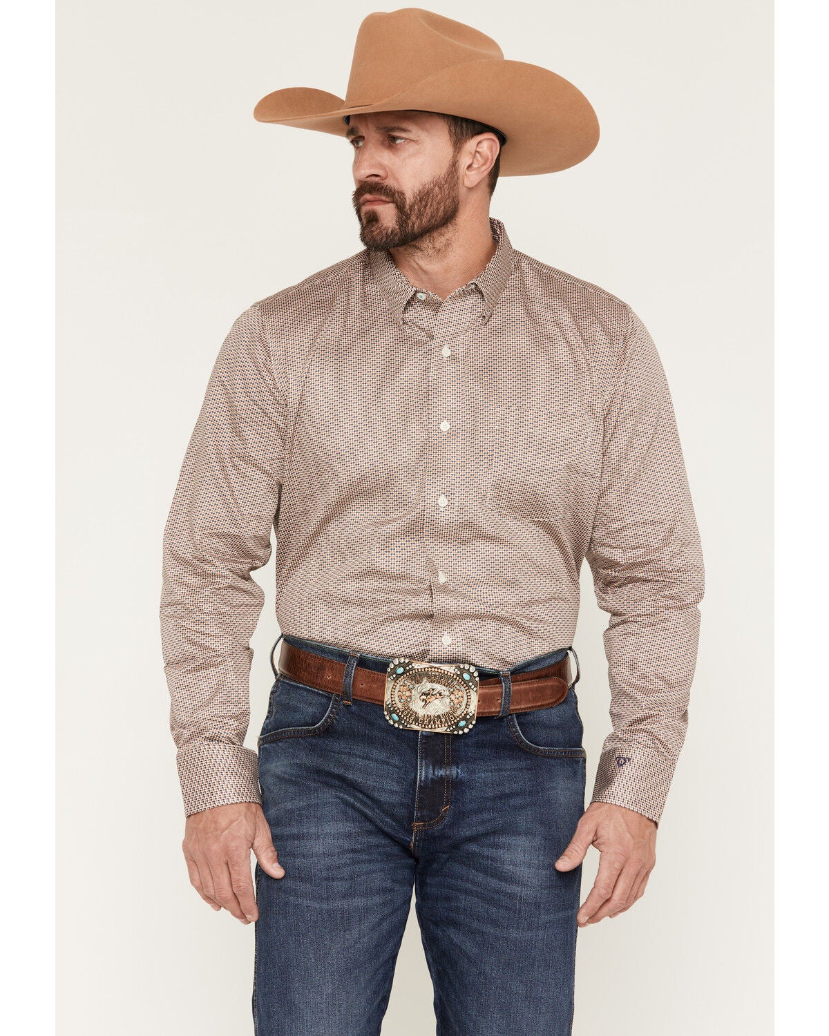 Wrangler X Cody Johnson Men's Houndstooth Print Long Sleeve Button-Down Western Shirt, Navy, hi-res