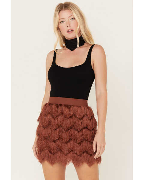 Shyanne Women's Fringe Flapper Mini Skirt, Brown, hi-res