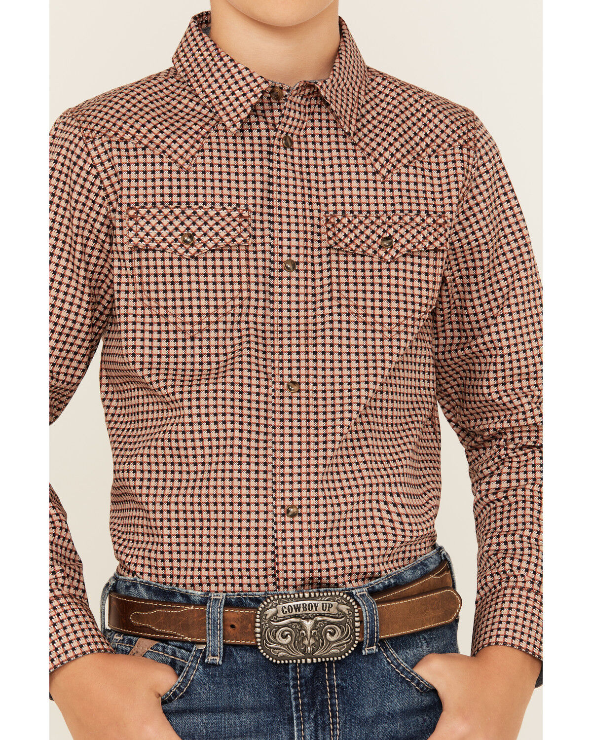 Image #3 - Cody James Boys' Ramon Plaid Print Long Sleeve Snap Western Shirt, Brown, hi-res