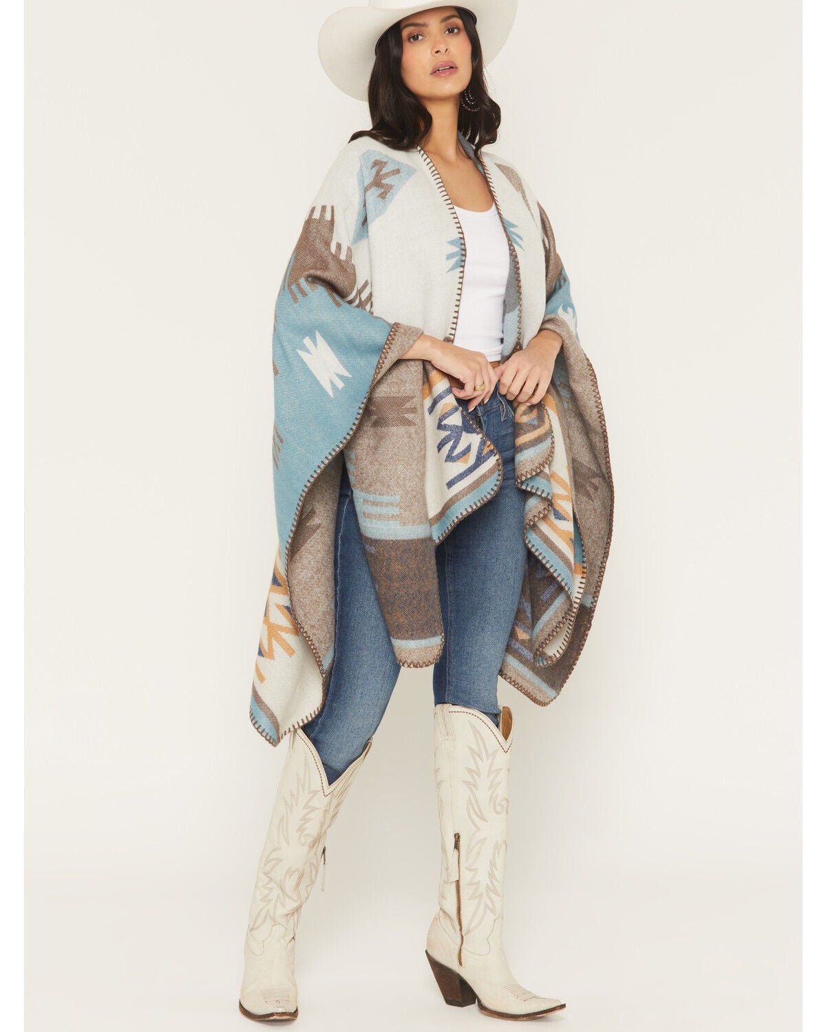 Shyanne Women's Southwestern Print Blanket Shawl, Turquoise, hi-res