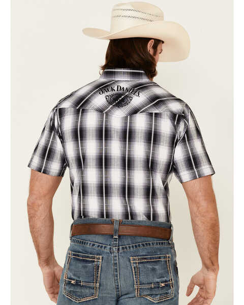 Jack Daniel's Men's Large Plaid Print Logo Short Sleeve Snap Western Shirt , Black, hi-res