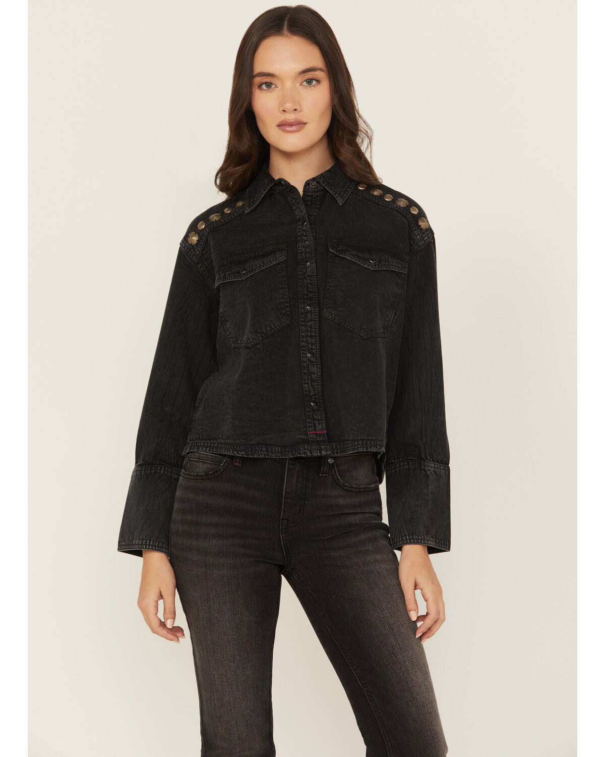 Image #1 - Idyllwind Women's Concho Embellished Long Sleeve Snap Western Shirt, Black, hi-res