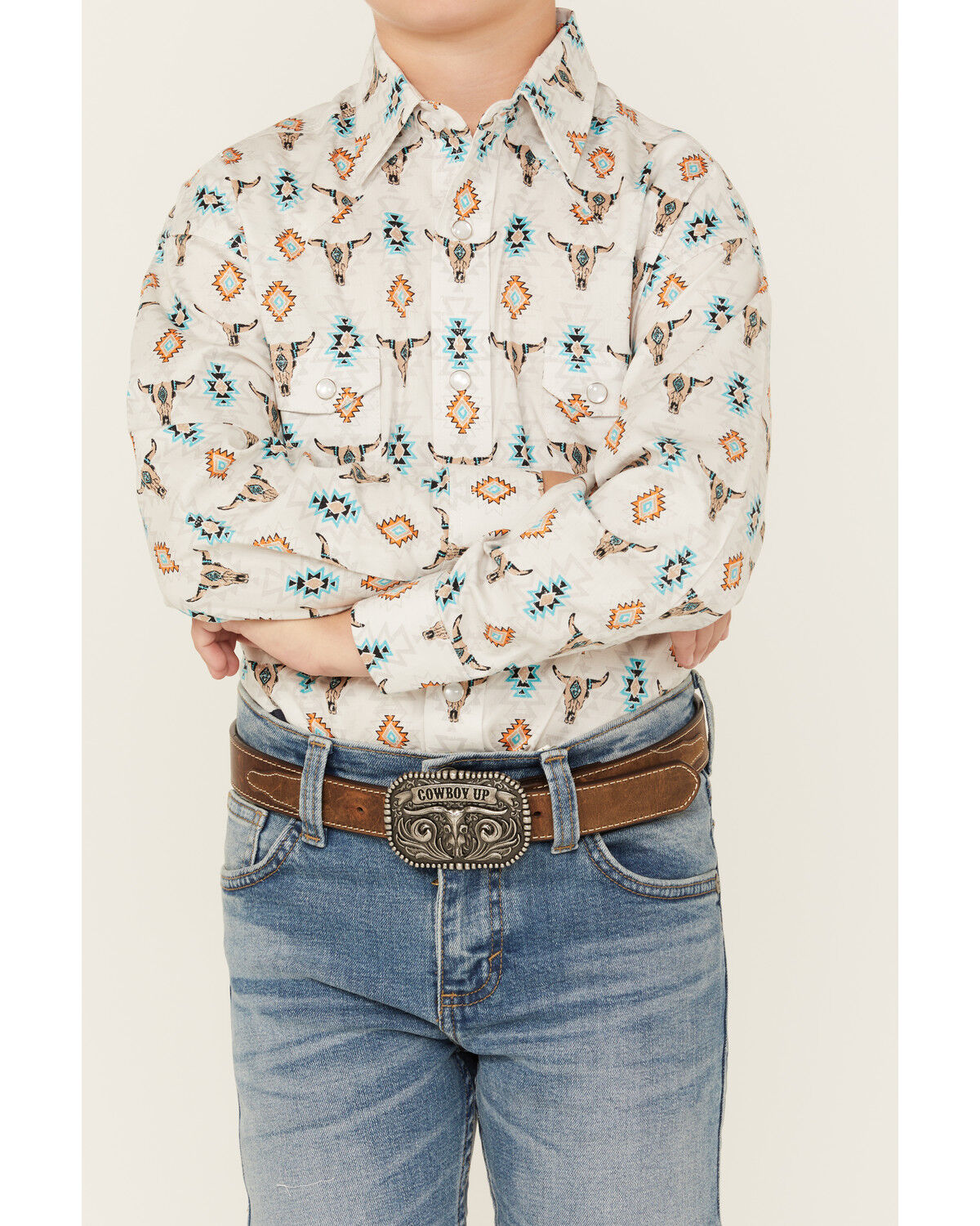 Image #3 - Rock & Roll Denim Boys' Steer Head Southwestern Print Long Sleeve Pearl Snap Stretch Western Shirt, White, hi-res
