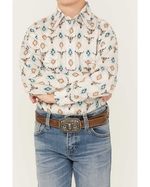 Image #3 - Rock & Roll Denim Boys' Steer Head Southwestern Print Long Sleeve Pearl Snap Stretch Western Shirt , White, hi-res