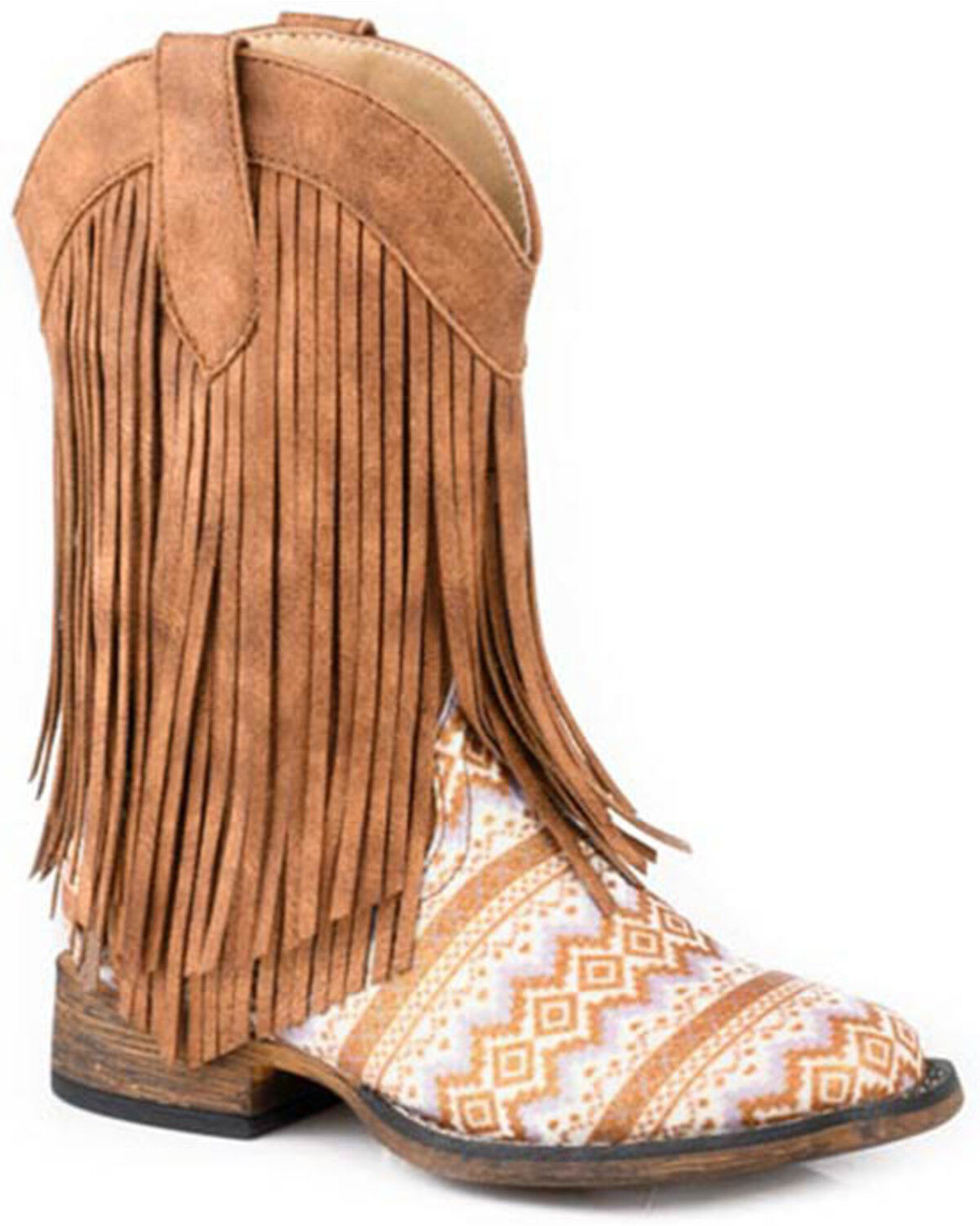 Image #1 - Roper Little Girls' Double Fringe Western Boots - Broad Square Toe, Tan, hi-res