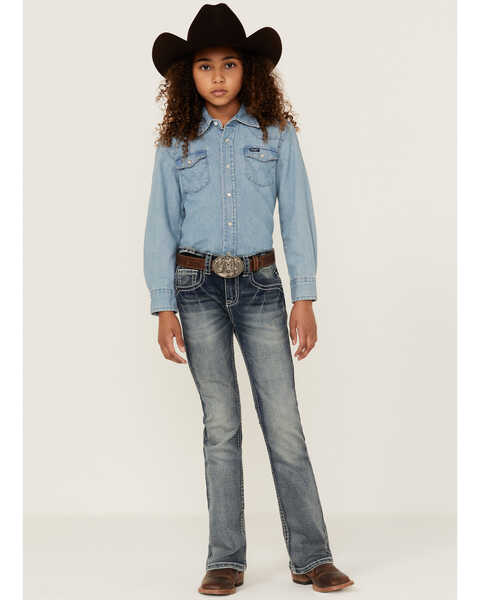 Shyanne Little Girls' Medium Wash Geo Embroidered Pocket Bootcut Jeans, Blue, hi-res