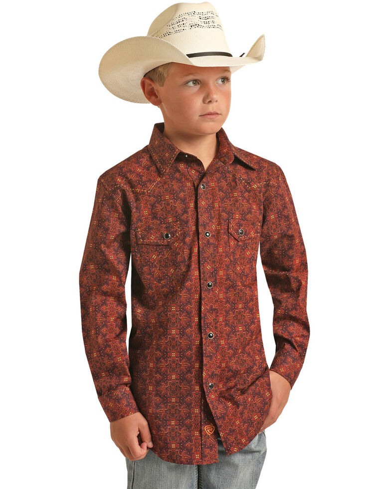 Panhandle Boys' Medallion Print Rust & Orange Long Sleeve Snap Shirt, Rust Copper, hi-res