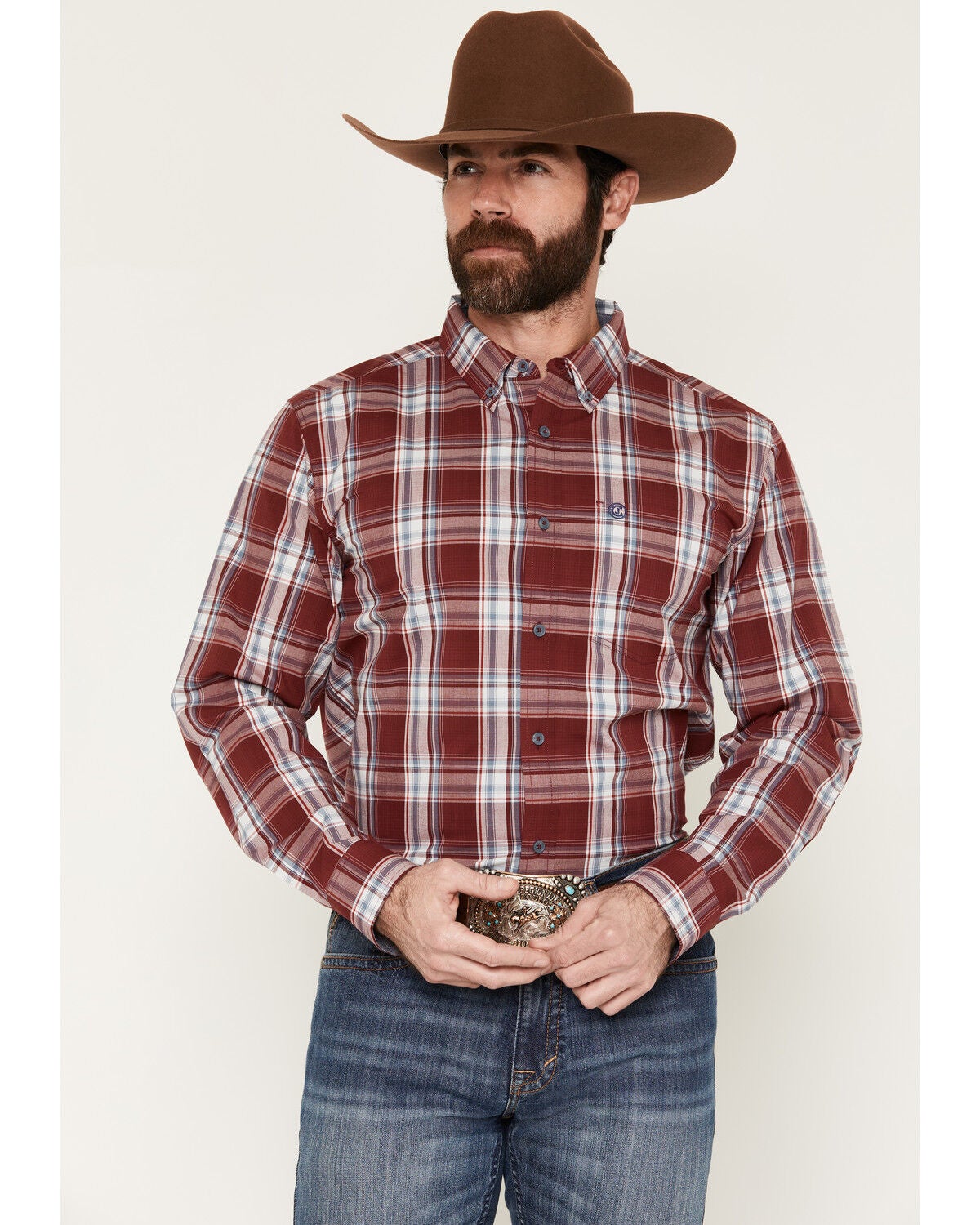Image #1 - Cody James Men's Ruby Red Plaid Print Long Sleeve Button-Down Stretch Western Shirt, Burgundy, hi-res