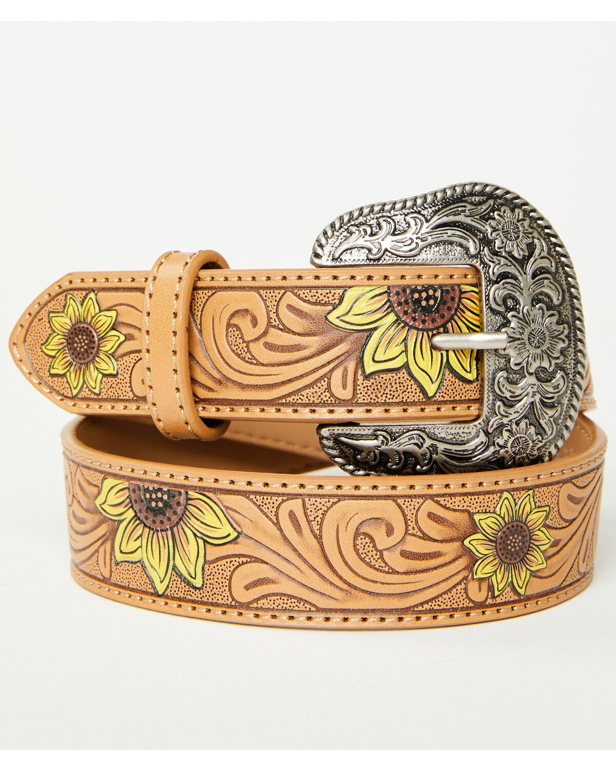 Shyanne Girls' Ellie Sunflower Tooled Belt, Brown, hi-res