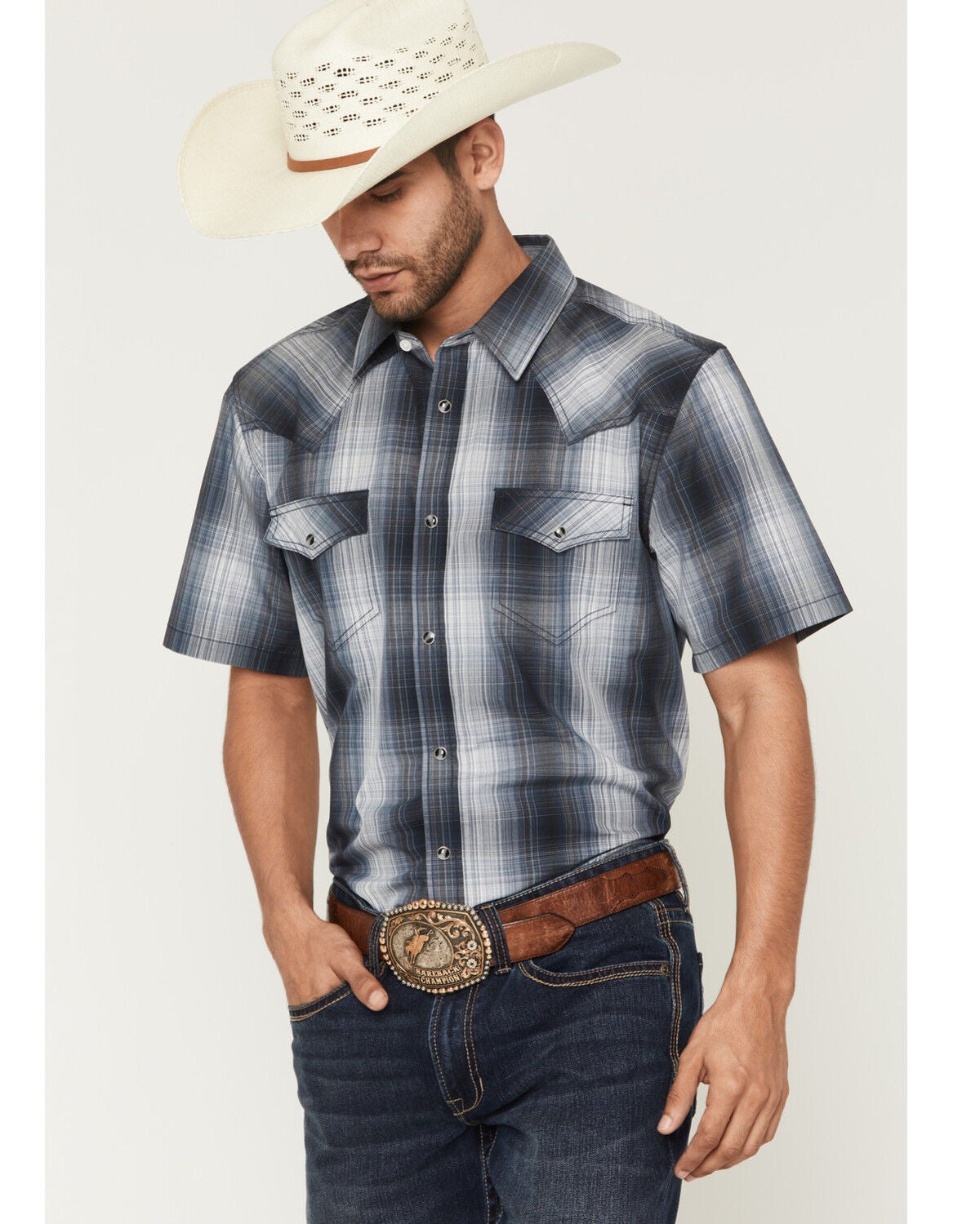 Image #1 - Cody James Men's Weed Wacker Plaid Print Short Sleeve Snap Western Shirt - Big, Blue, hi-res