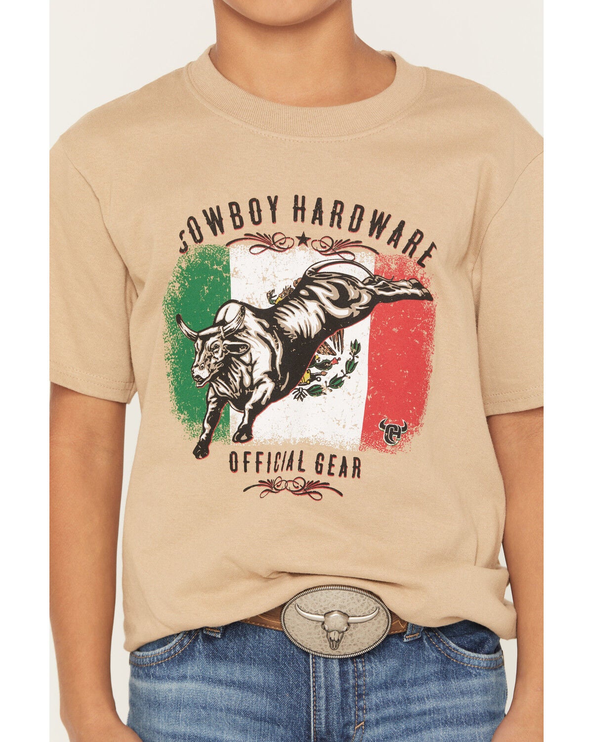 Image #3 - Cowboy Hardware Boys' Mexico Flag Short Sleeve Graphic T-Shirt, Sand, hi-res