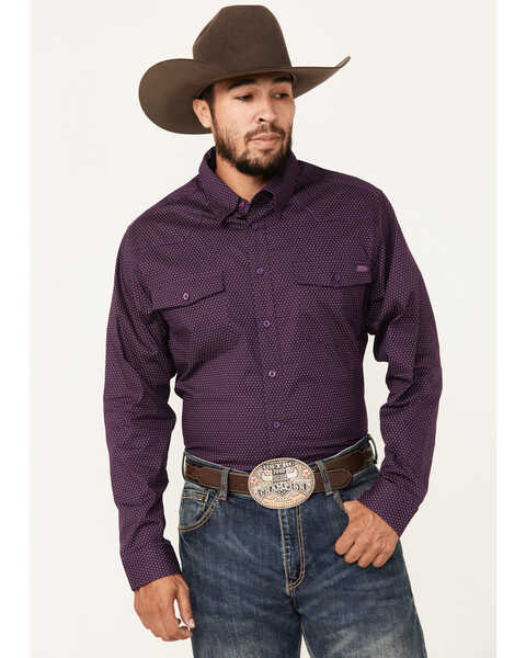 Image #1 - Justin Men's Boot Barn Exclusive Geo Print Long Sleeve Button-Down Stretch Western Shirt, Purple, hi-res