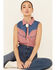 Panhandle Women's Small Gingham Chambray Yoke Sleeveless Snap Western Shirt, Red/white/blue, hi-res