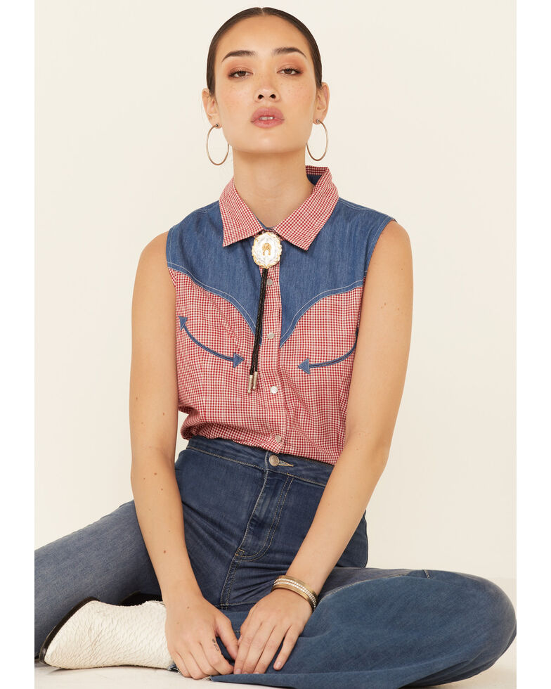 Panhandle Women's Small Gingham Chambray Yoke Sleeveless Snap Western Shirt, Red/white/blue, hi-res