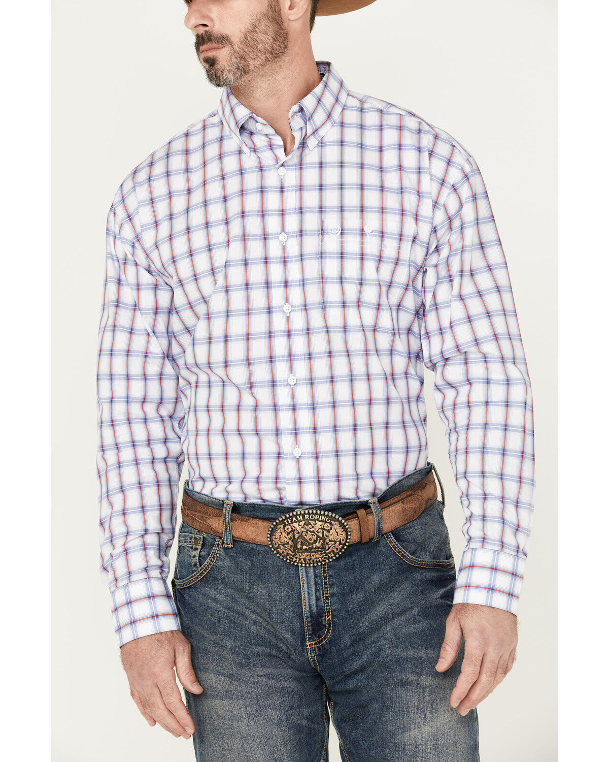 Image #3 - George Strait by Wrangler Men's Plaid Print Long Sleeve Button-Down Western Shirt - Big, White, hi-res
