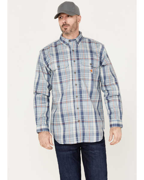 Carhartt Men's FR Force Loose Fit Twill Plaid Print Long Sleeve Button-Down Work Shirt, Blue, hi-res