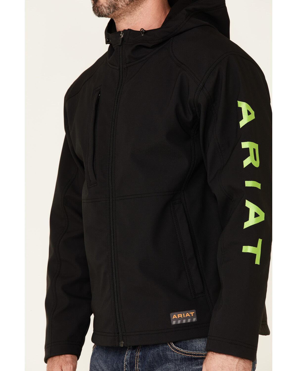 Image #3 - Ariat Men's Black & Lime Rebar Stretch Canvas Softshell Logo Zip-Front Work Jacket, Bright Green, hi-res