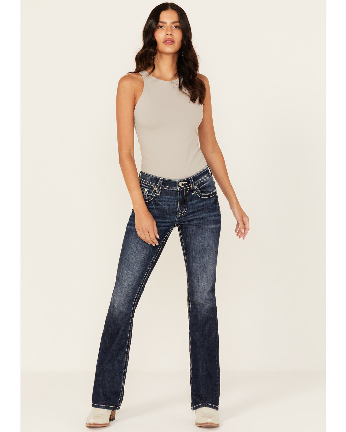 Image #3 - Miss Me Women's Dark Wash Mid Rise Faux Flap Pocket Bootcut Stretch Denim Jeans, Dark Wash, hi-res