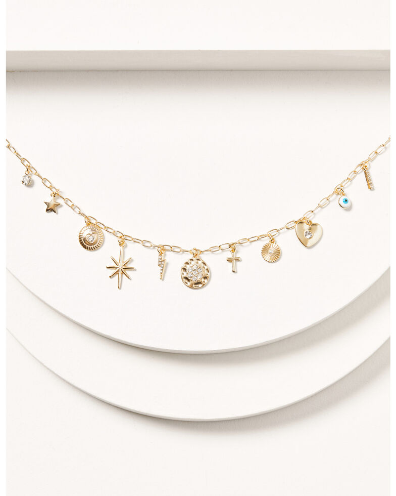 Shyanne Women's Gold Heart Cross & Sunburst Charm Necklace, Gold, hi-res