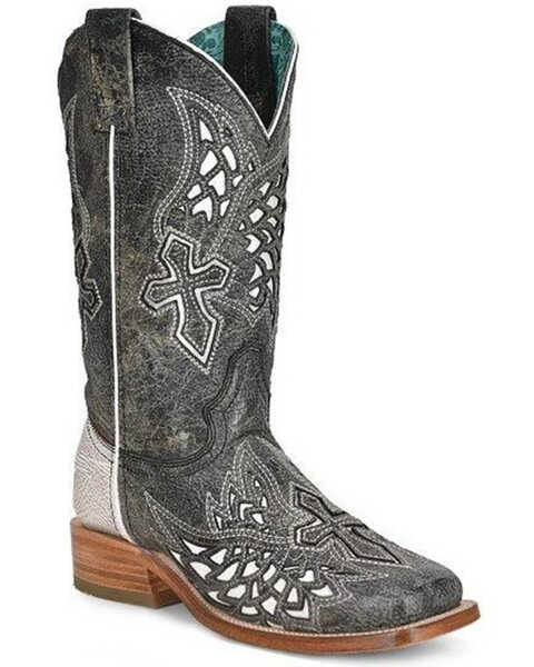 Image #1 - Corral Women's Inlay Western Boots - Broad Square Toe, Black/white, hi-res