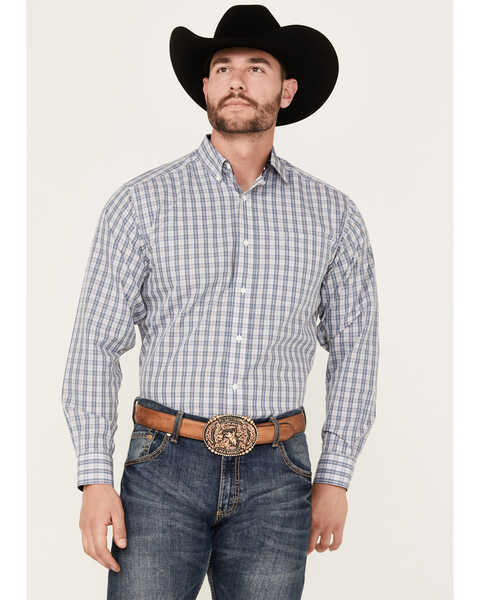 Image #1 - Ariat Men's Kelvin Plaid Print Long Sleeve Button-Down Western Shirt, Blue, hi-res