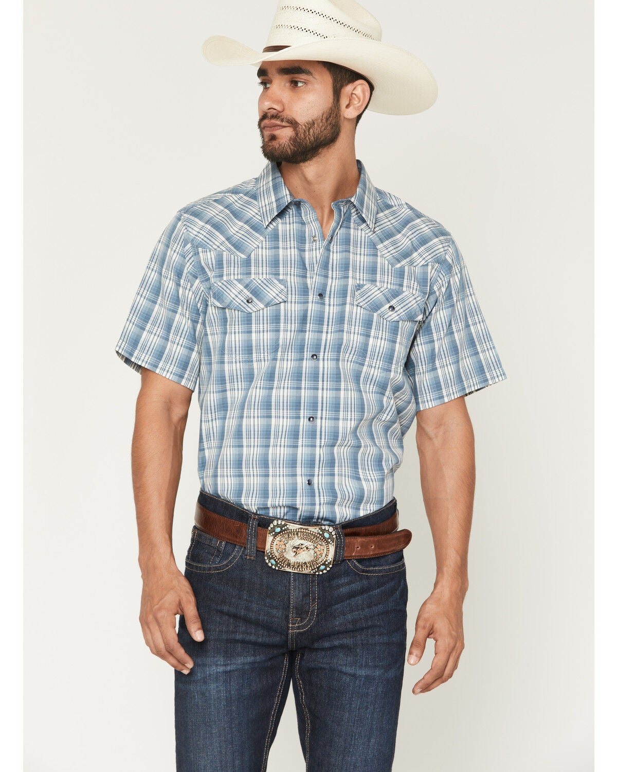 Image #1 - Cody James Men's Briggs Plaid Print Short Sleeve Snap Western Shirt - Tall, Blue, hi-res