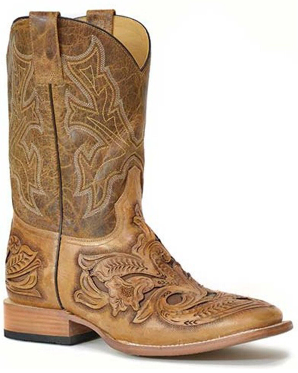 Stetson Men's Handtooled Wicks Filigree Vamp Western Boots - Broad Square Toe, Brown, hi-res