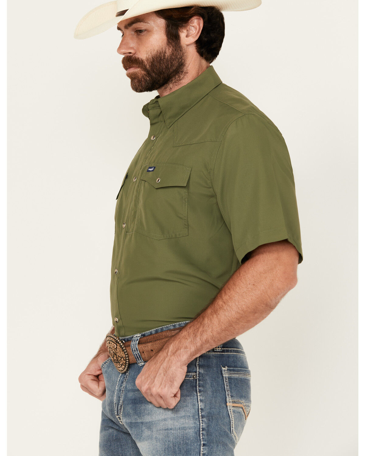 Image #2 - Wrangler Men's Solid Short Sleeve Snap Performance Western Shirt - Tall, Green, hi-res