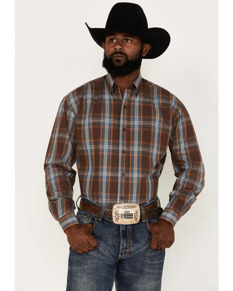 Image #1 - Stetson Men's Large Plaid Print Long Sleeve Button Down Shirt, Brown, hi-res