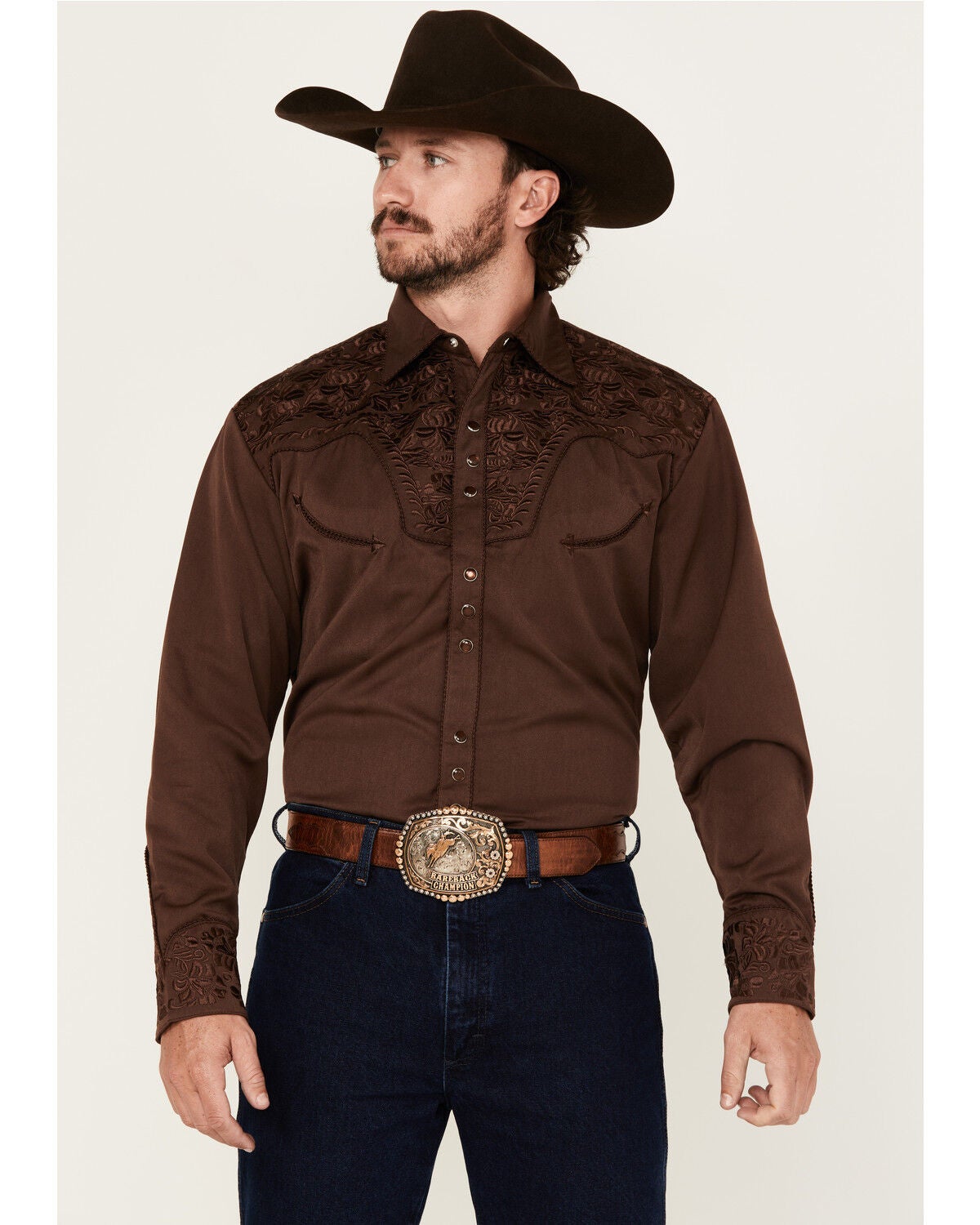 Scully Men's Gunfighter Embroidered Long Sleeve Snap Western Shirt - Big, Brown, hi-res