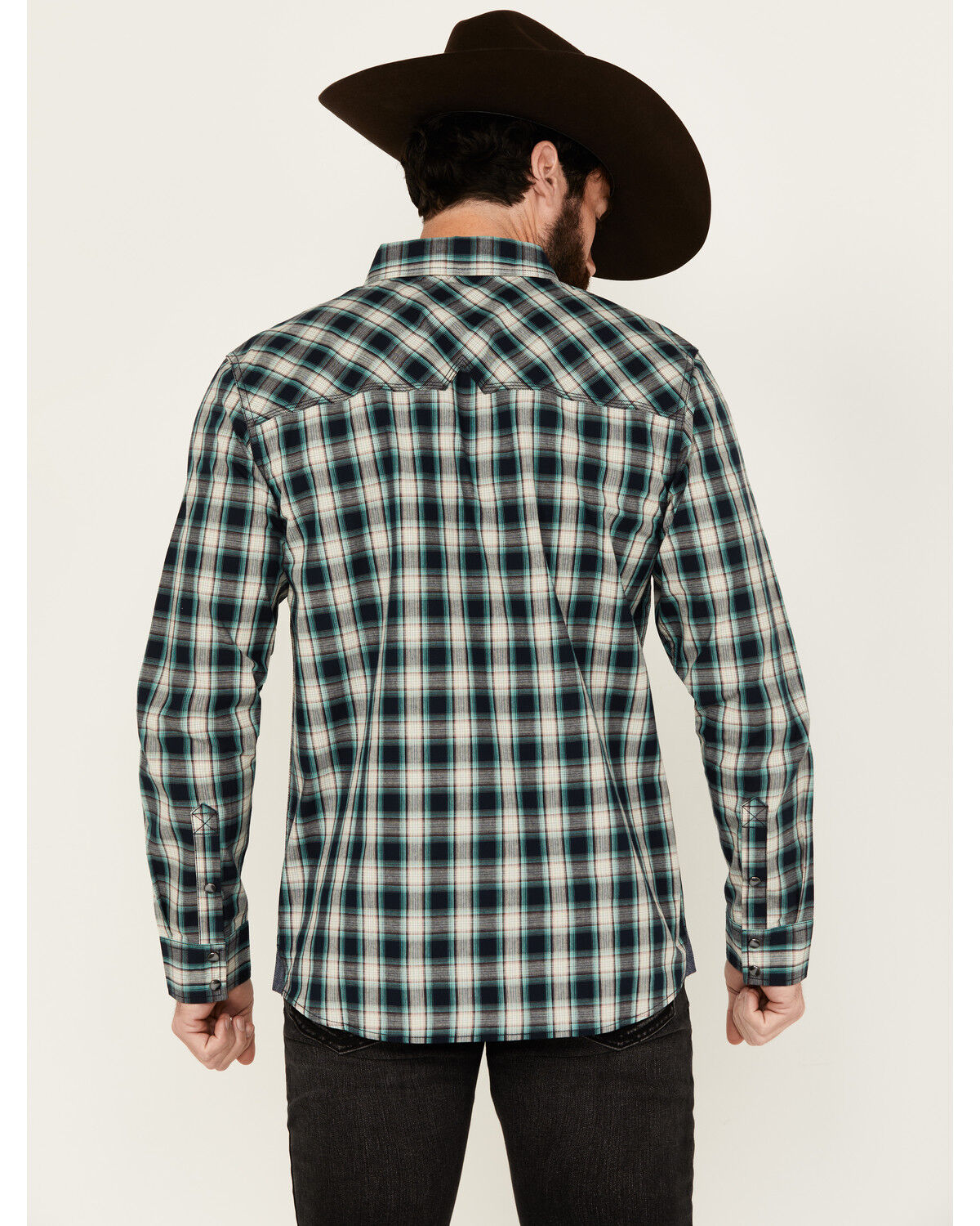 Image #4 - Moonshine Spirit Men's Autograph Plaid Print Long Sleeve Snap Western Shirt, Navy, hi-res