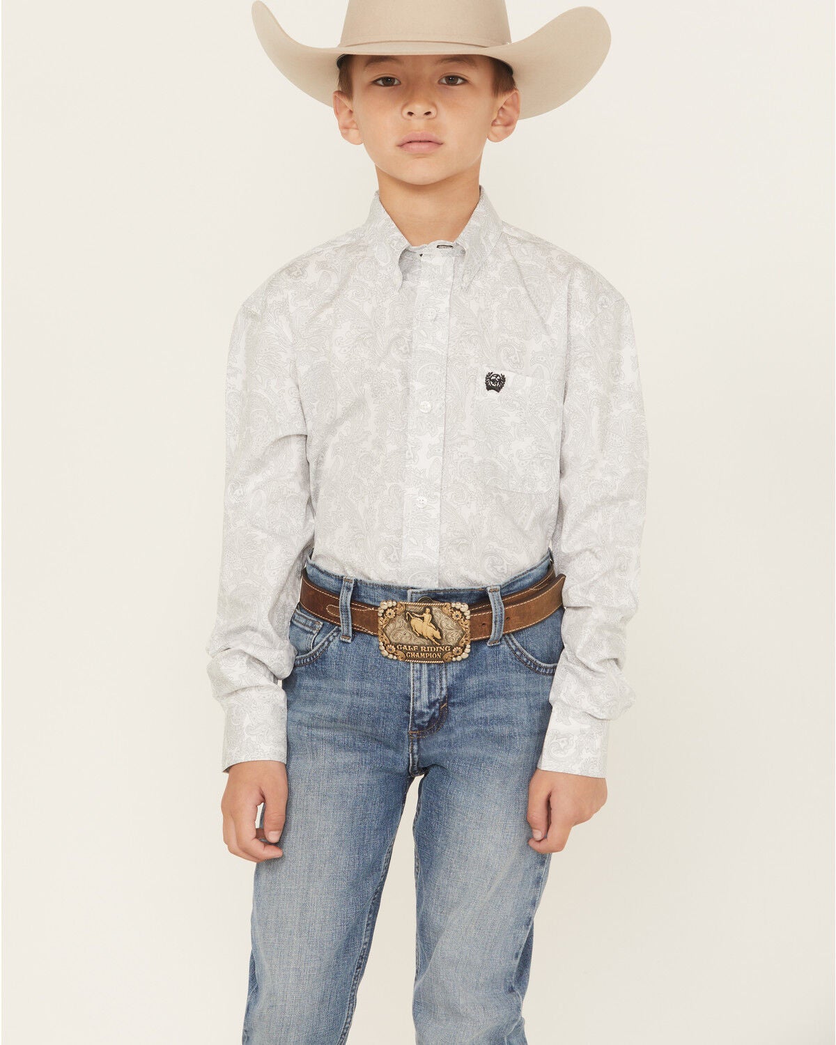 Cinch Boys' Paisley Print Long Sleeve Button-Down Western Shirt, White, hi-res