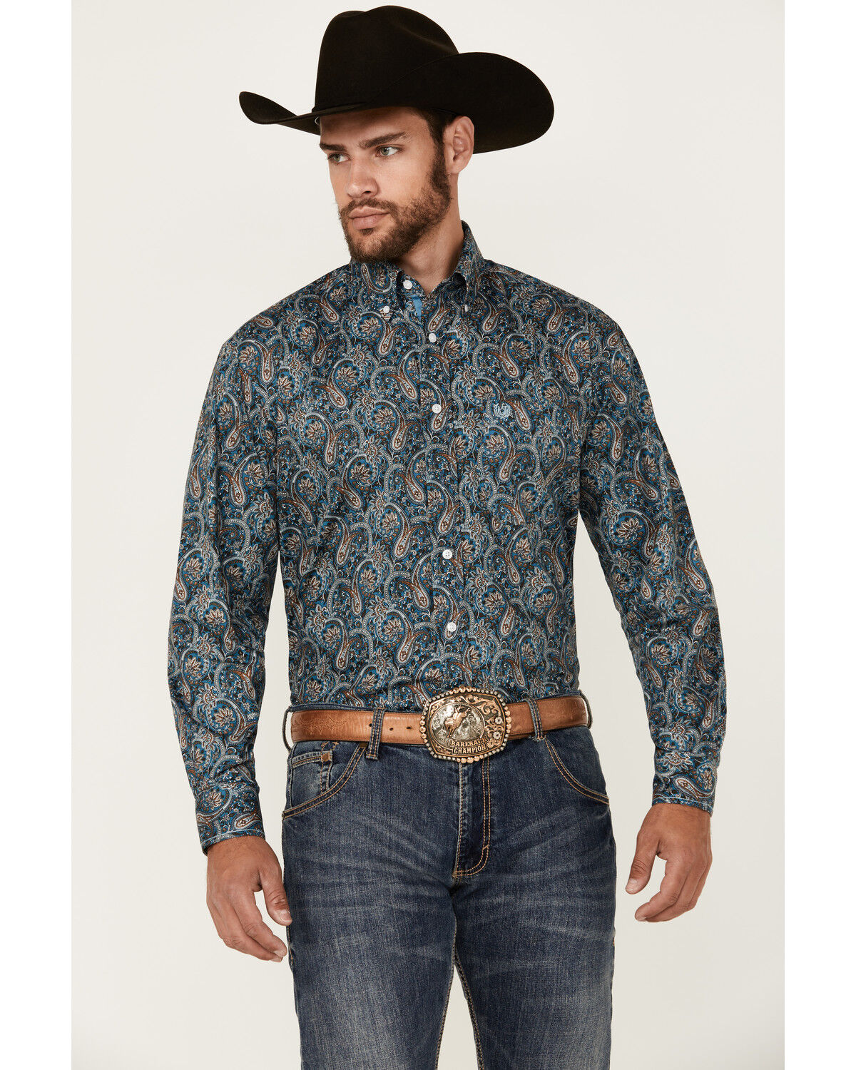 Image #1 - Rough Stock by Panhandle Men's Paisley Print Long Sleeve Button-Down Western Shirt, Navy, hi-res