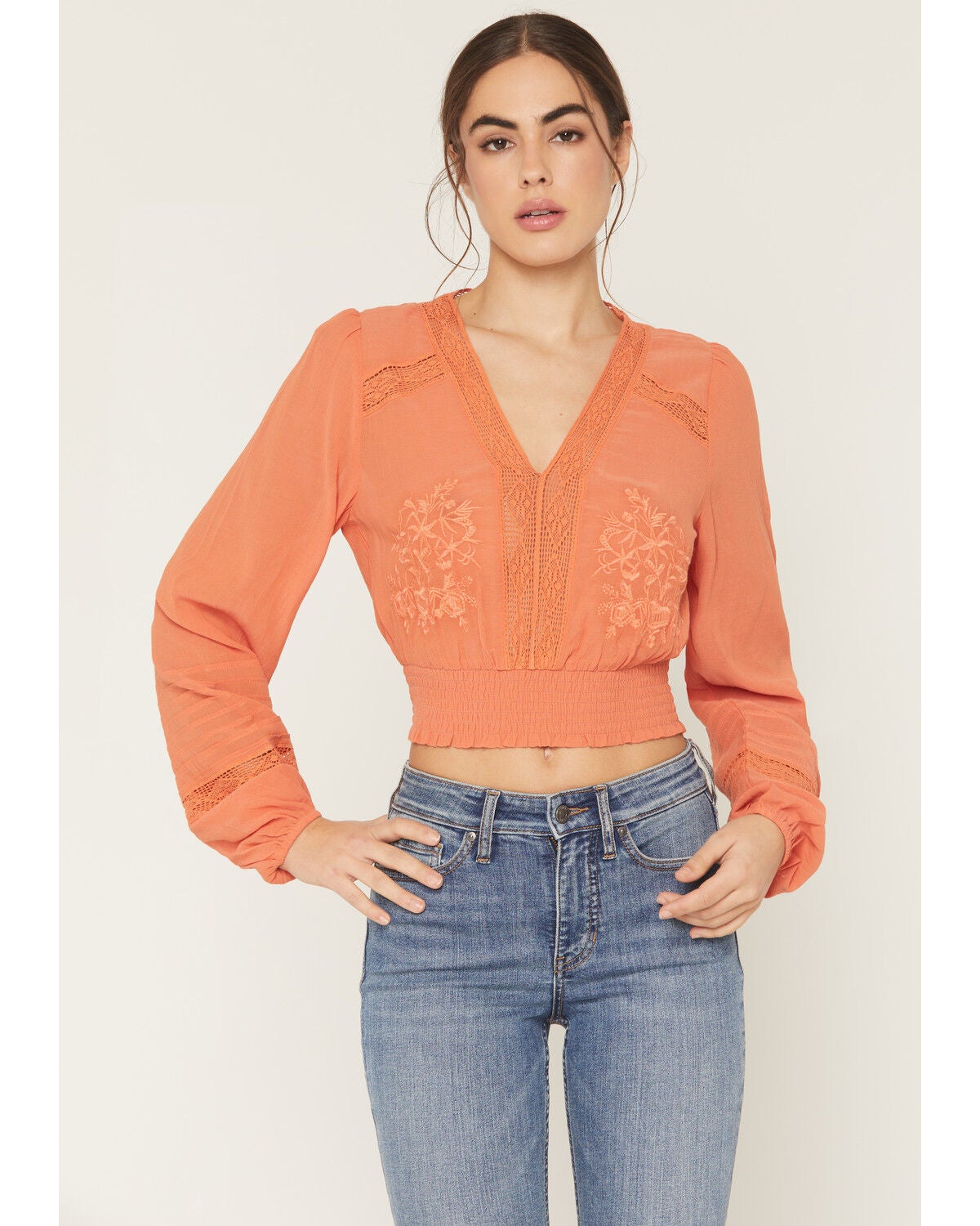 Image #1 - Shyanne Women's Embroidered Smocked Long Sleeve Shirt, Coral, hi-res