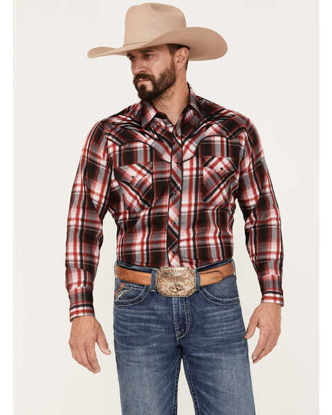 Image #1 - Ely Walker Men's Plaid Print Long Sleeve Snap Western Shirt, Red, hi-res