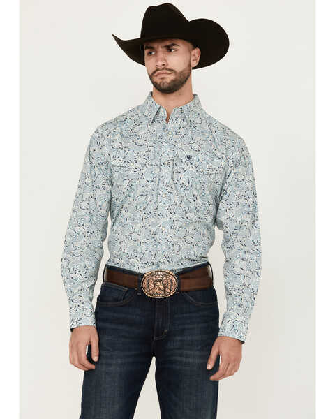 Image #1 - Ariat Men's Emery Paisley Print Long Sleeve Pearl Snap Western Shirt , Light Blue, hi-res