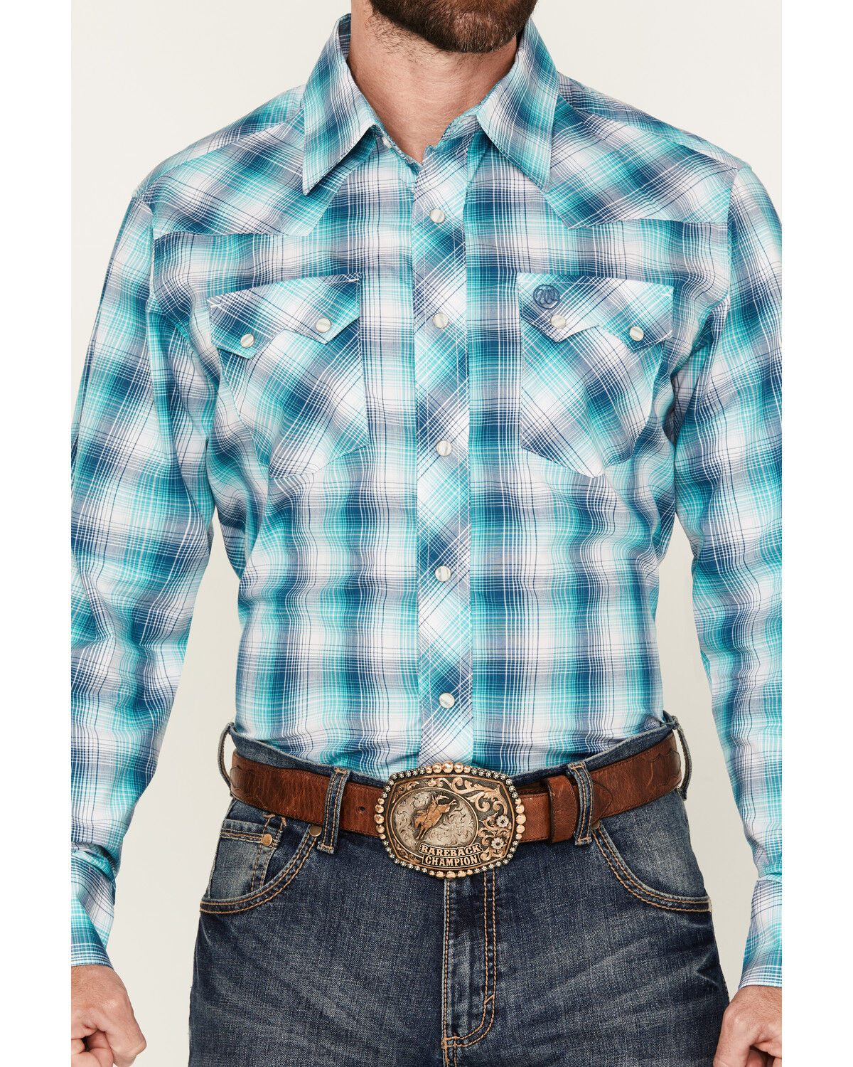 Image #3 - Wrangler Retro Men's Plaid Print Long Sleeve Snap Western Shirt, Turquoise, hi-res